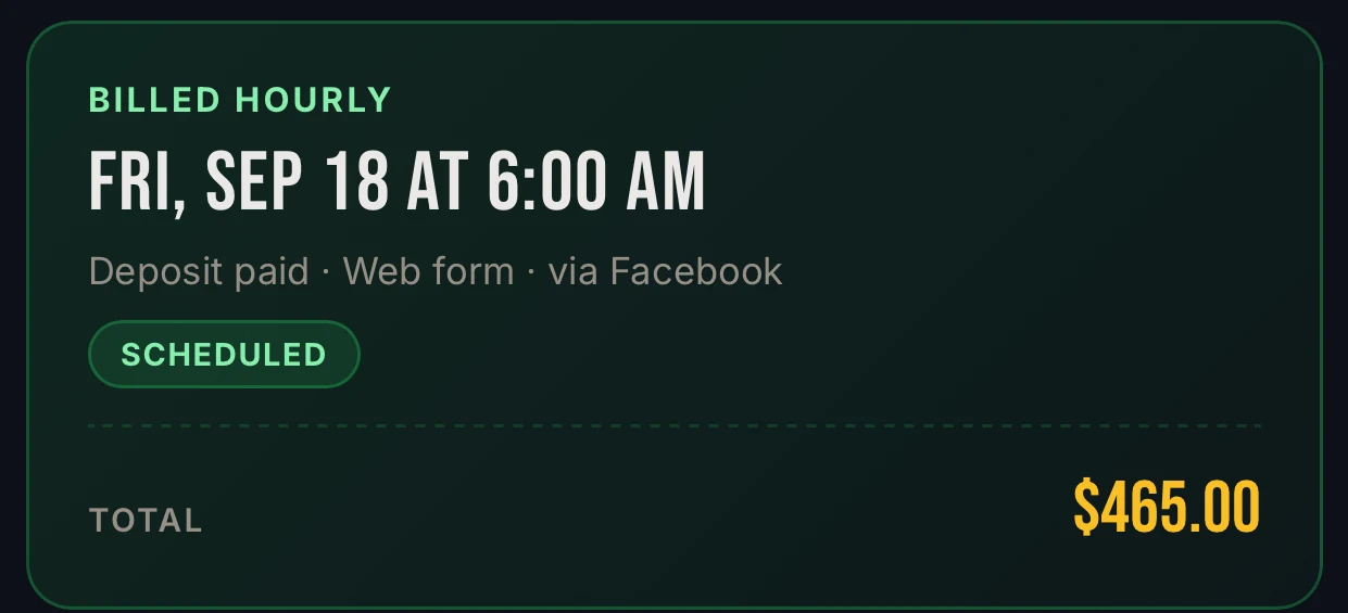 A scheduled RelayLeads job showing deposit paid and a $465 total.