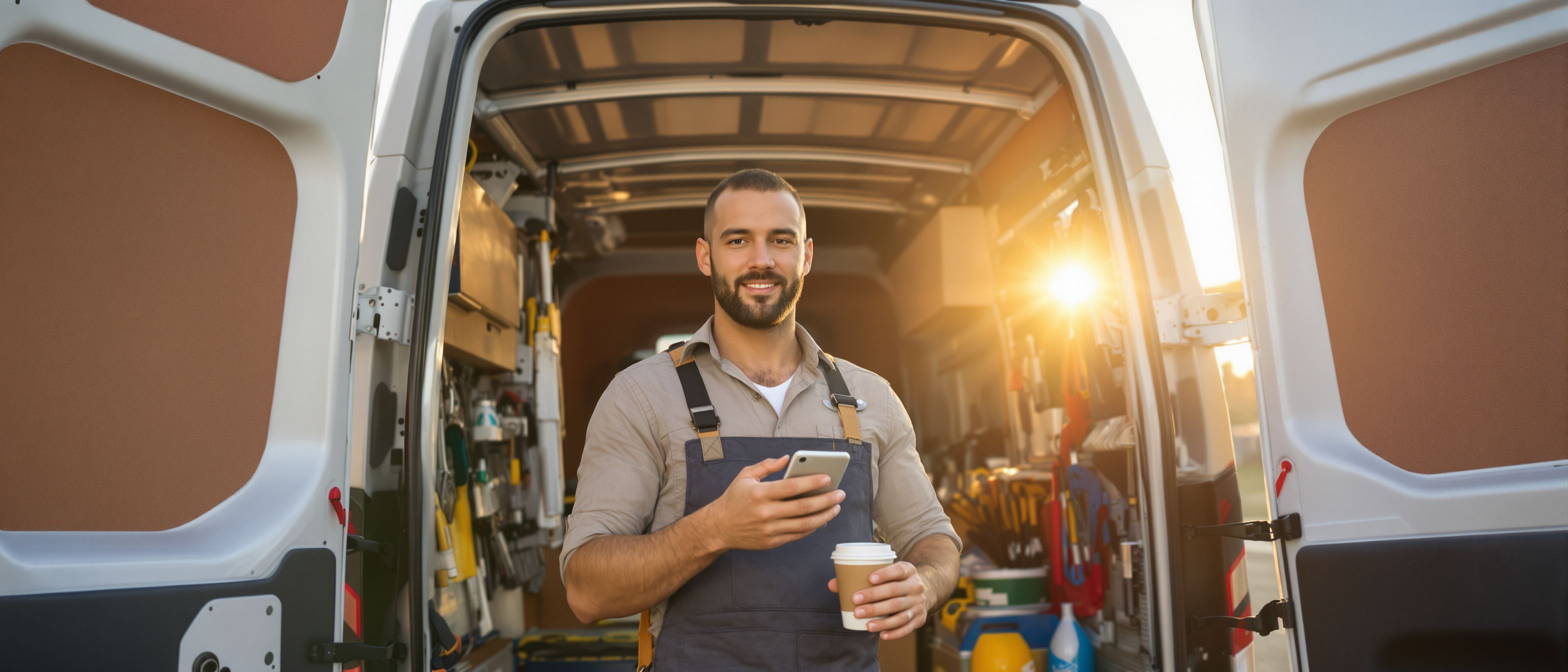 Photo: a solo operator leans against the open back doors of his branded van at dawn, coffee in one hand, phone in the other showing the day's Relay schedule; tools organized behind him. Confident, calm, editorial portrait with warm early light.