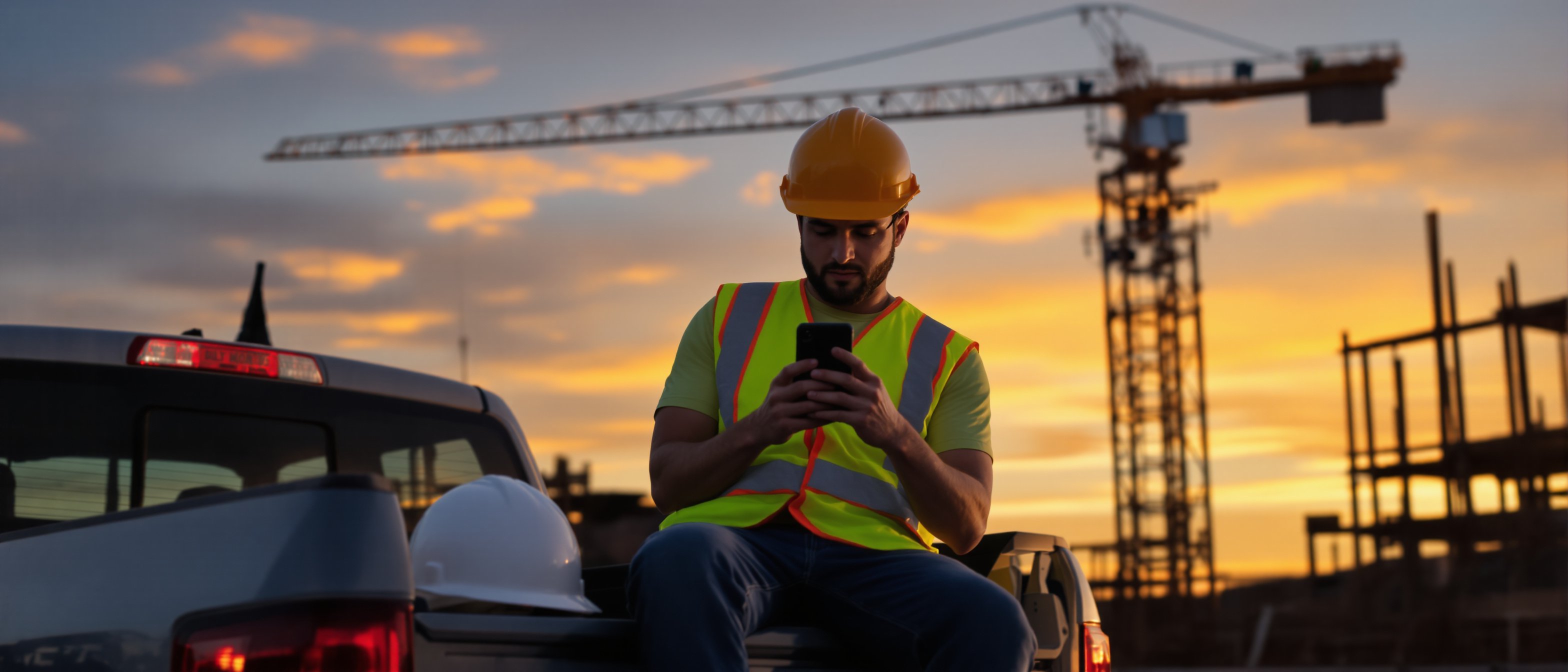 Photo: a subcontractor in a hi-vis tee sits on his tailgate at dusk after a site day, hard hat beside him, reviewing a direct-job quote on his phone; jobsite crane silhouetted behind. Cinematic golden-blue hour light, quiet-hustle mood.
