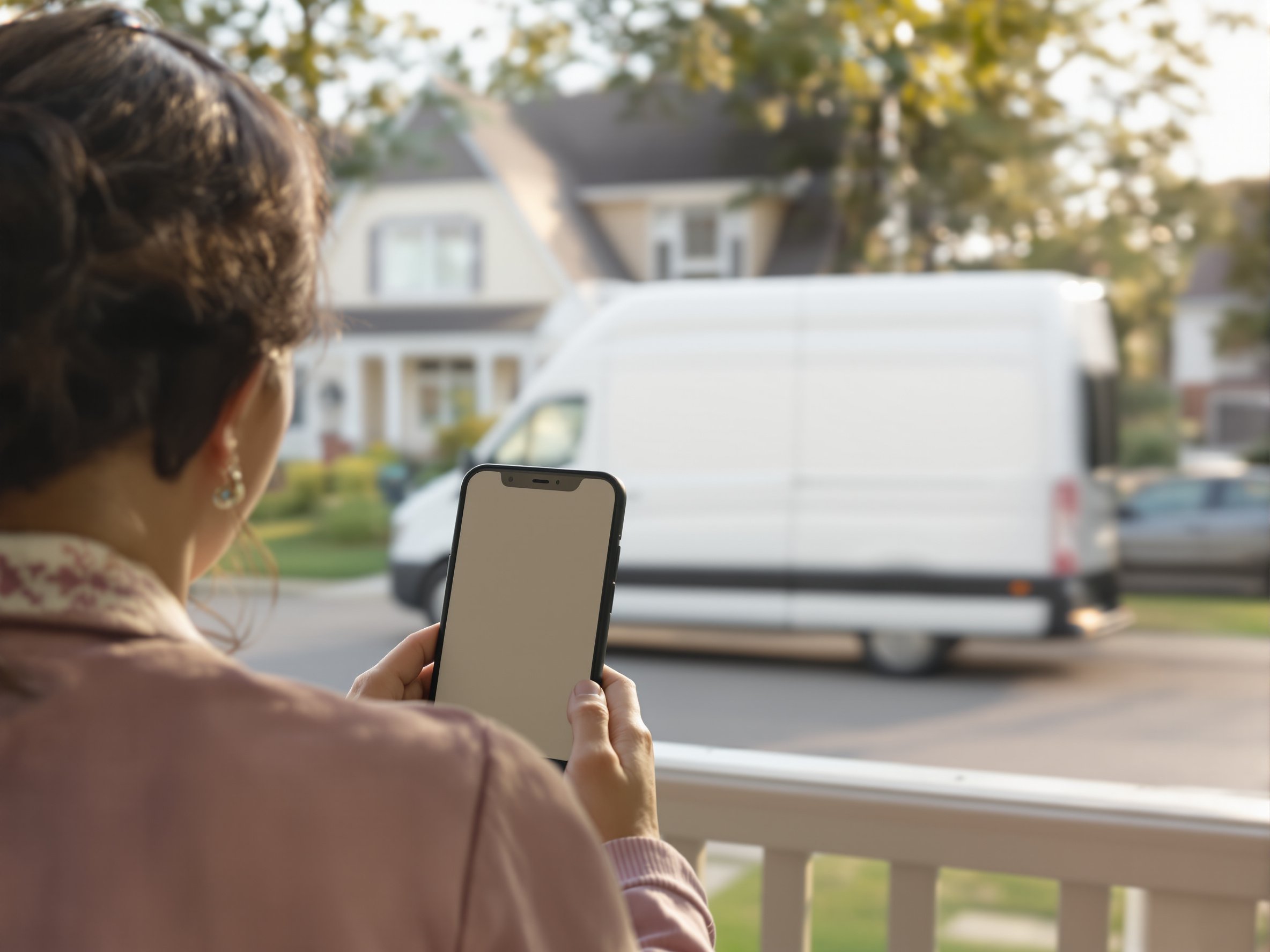 Photo: over-the-shoulder shot of a homeowner on her front porch holding a phone that shows a branded relay.ly booking page with prices and a Book button. Soft morning daylight, the operator's branded van blurred in the driveway background.