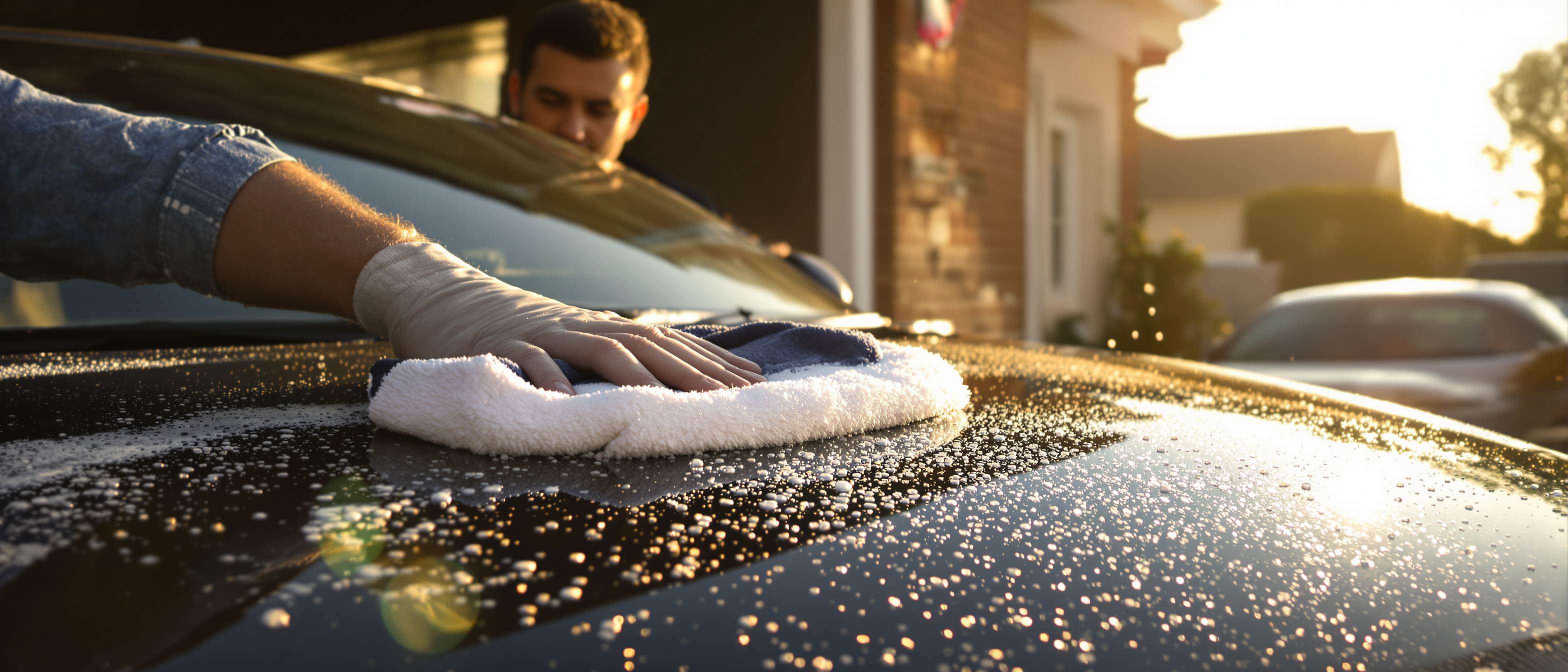 Photo: a detailer buffs the dark hood of a car outside a client's garage, suds and microfiber towels nearby, dramatic low sun creating reflections in the paint. Rich contrast, hero-shot energy.