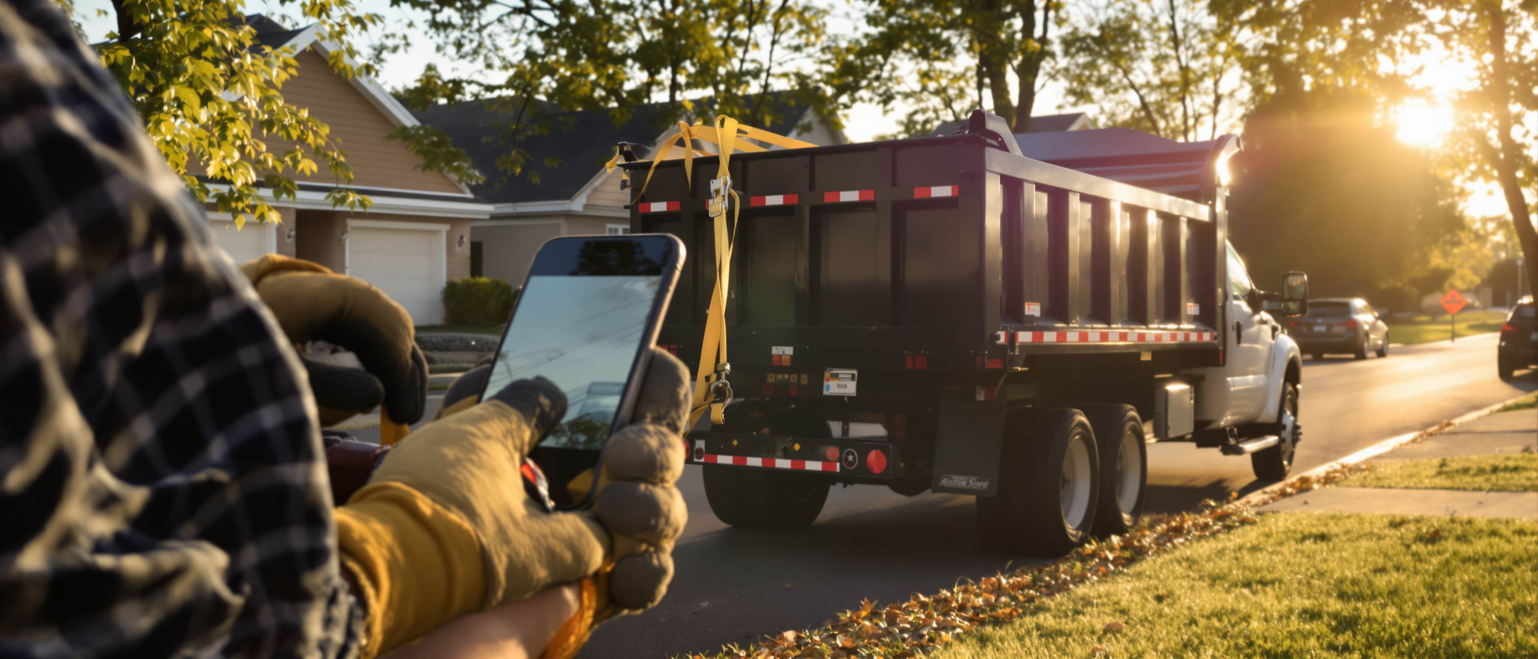 Photo: an operator ratchet-straps a loaded dump trailer hitched to a pickup at a suburban curb, work gloves on, late-day sun; the trailer's branded decal is visible. Wide shot that shows the rig end to end.