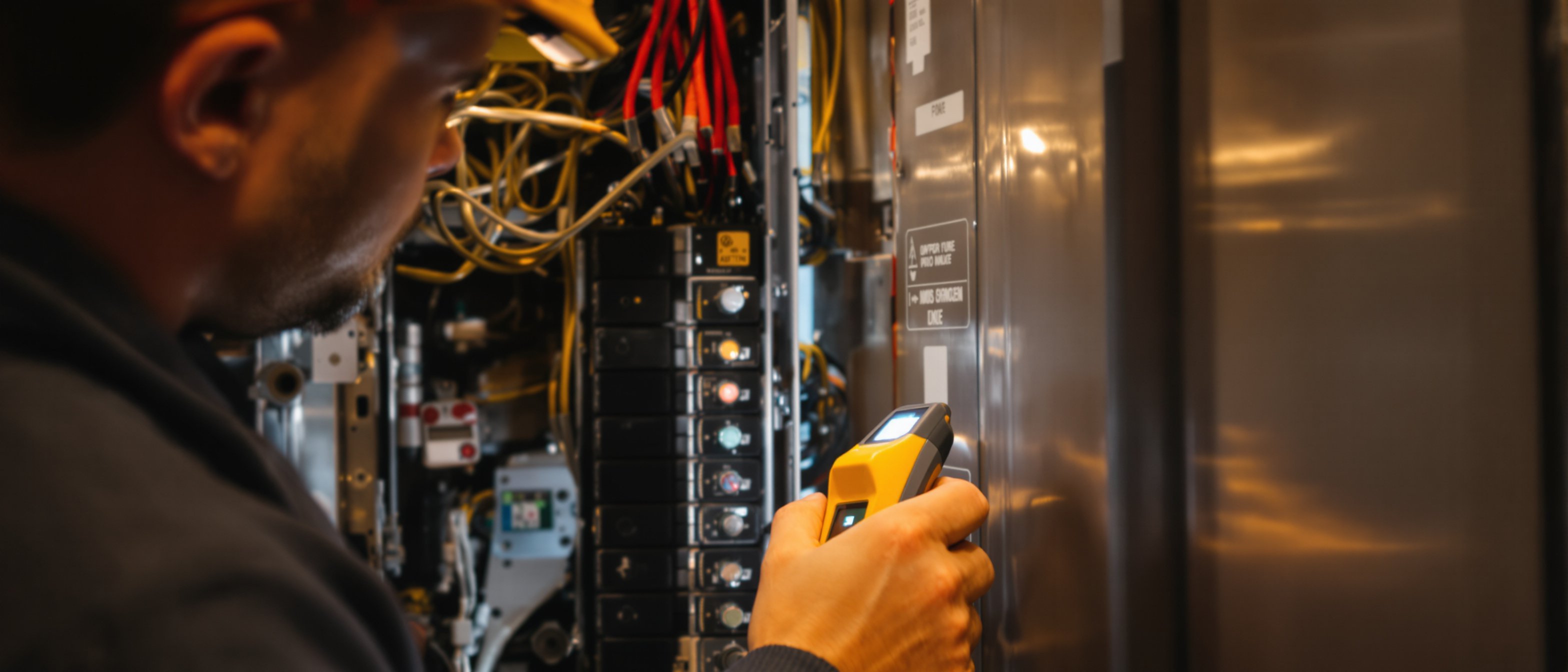 Photo: an electrician with a voltage tester works at an open breaker panel, headlamp on, focused; warm garage light. Close composition on hands and panel, trade-magazine documentary style.