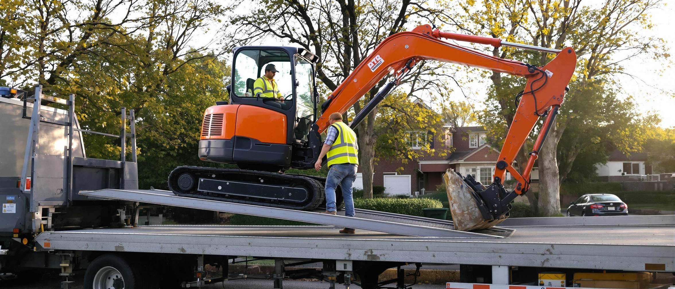 Photo: an operator guides a compact excavator down a trailer ramp at a residential jobsite in morning light, delivery truck in frame; work gloves and a phone holstered on his belt. Documentary style, warm tones, honest working detail.