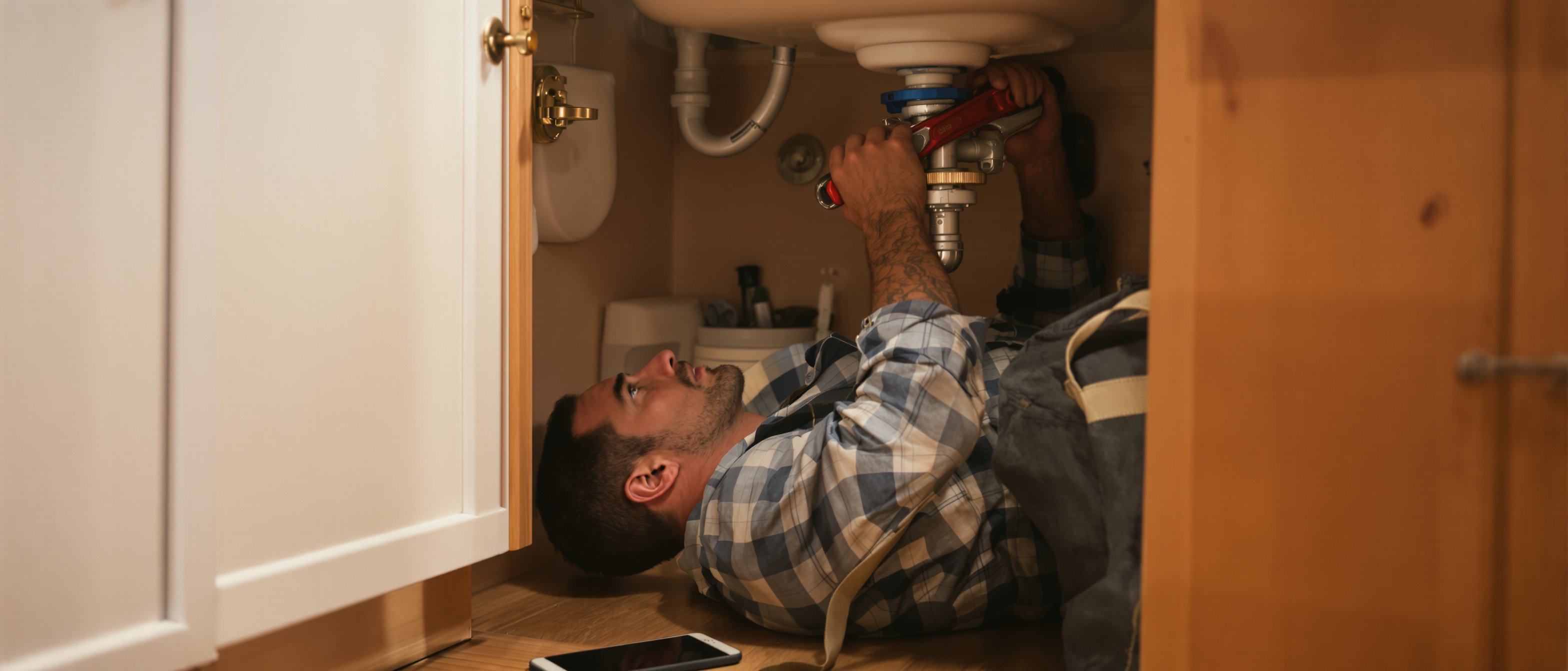 Photo: a plumber on his back under a kitchen sink, wrench on the trap, open tool bag beside him; his phone lights up on the floor next to him with an incoming job notification. Honest working light, candid.