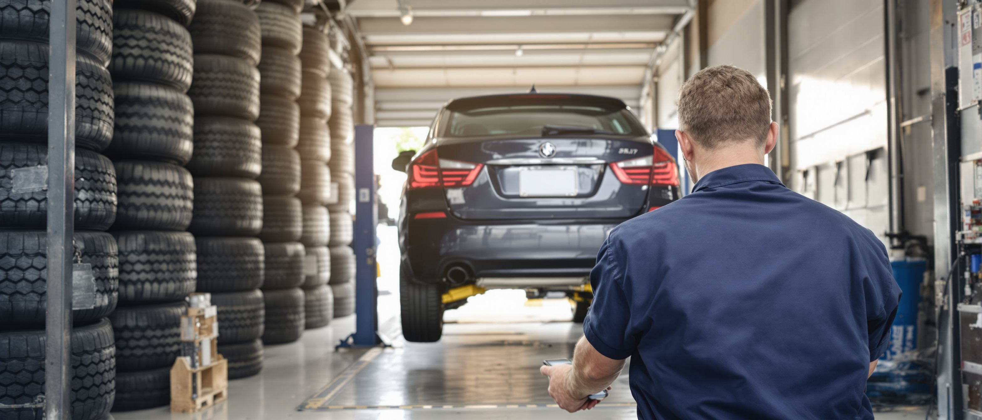 Photo: a tire tech rolls a new tire across a clean shop bay toward a lifted car, wall of tires behind him, tablet mounted at the bay showing today's bookings. Crisp workshop light, shallow depth of field.
