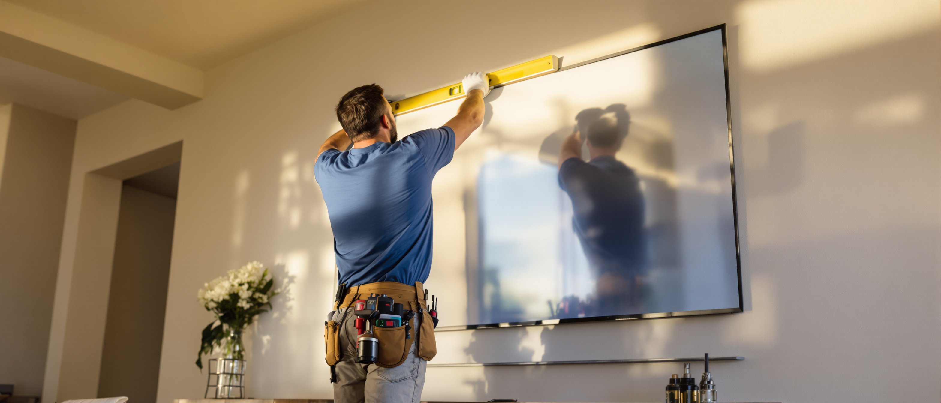 Photo: an installer levels a large flat-screen TV against a living-room wall, drill holstered on his belt, level in hand; late-afternoon light rakes across the wall. Shot from a low angle so the TV feels big.