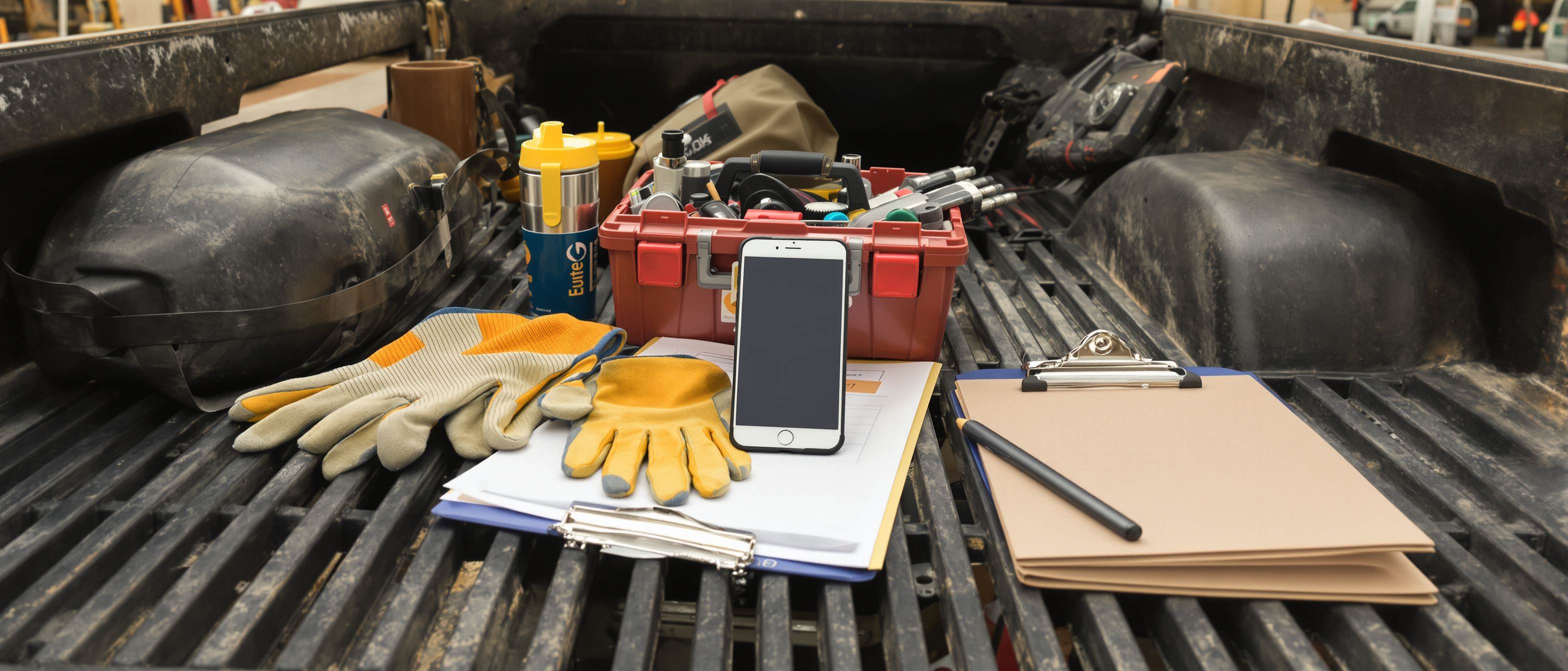 Photo: a work truck's tailgate as a makeshift desk — a phone propped against a toolbox showing the Relay operator dashboard, work gloves, a coffee thermos, and a clipboard beside it; jobsite blurred in the background. Overhead-angle still life, warm daylight.