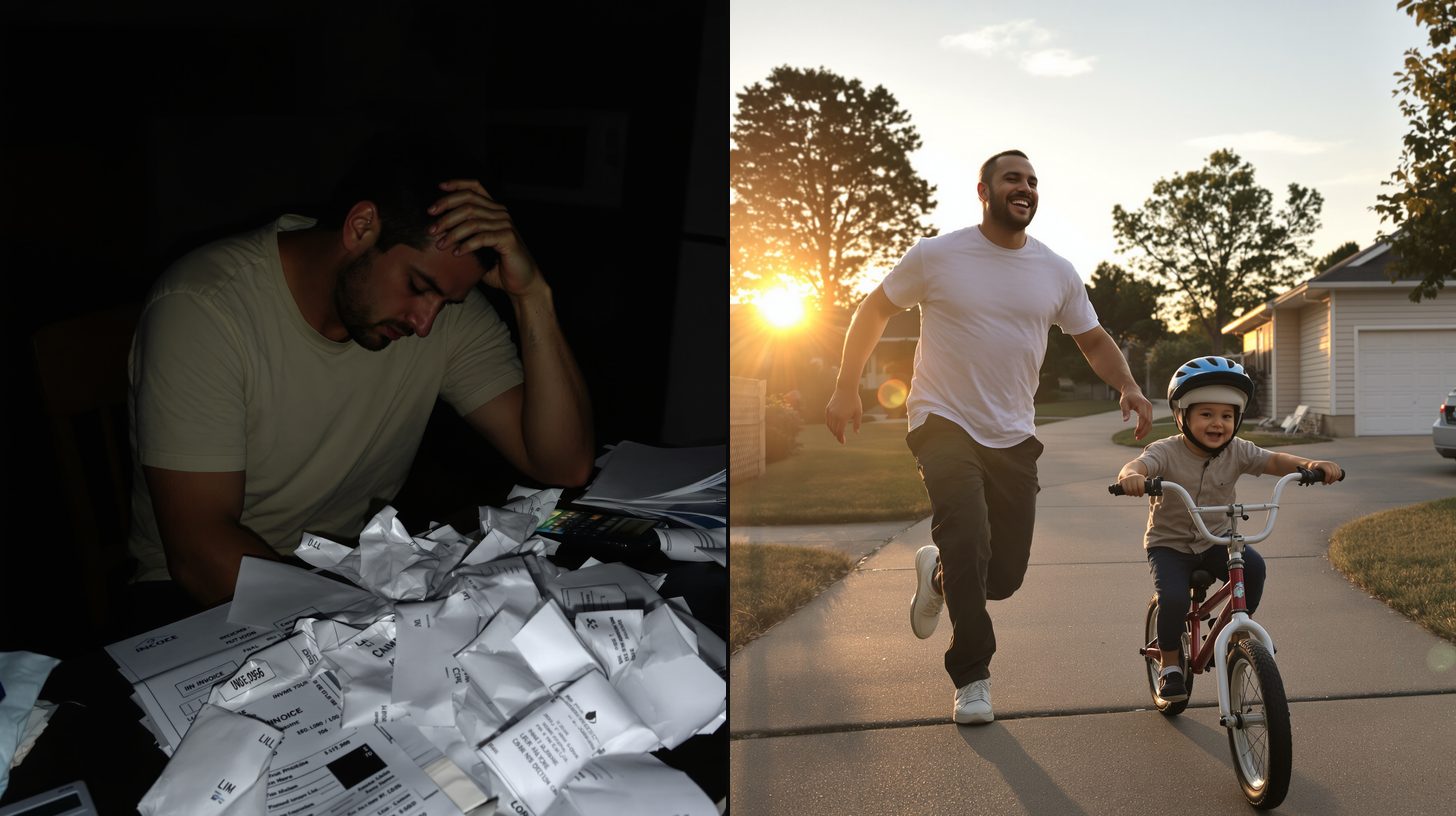 Left: an operator at the kitchen table late at night, buried in invoices and receipts. Right: the same man at golden hour, running beside his kid learning to ride a bike.
